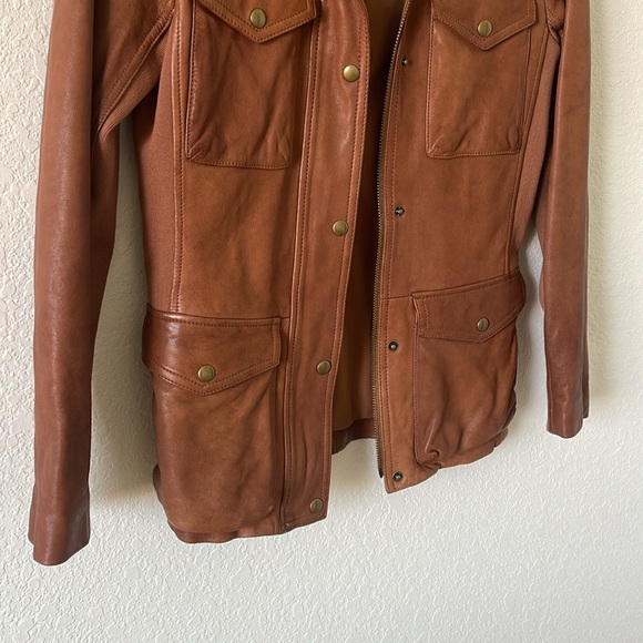 Gap Front Pocket Rib-Knit Trim Brown Leather Jacket Small - Picture 4 of 6
